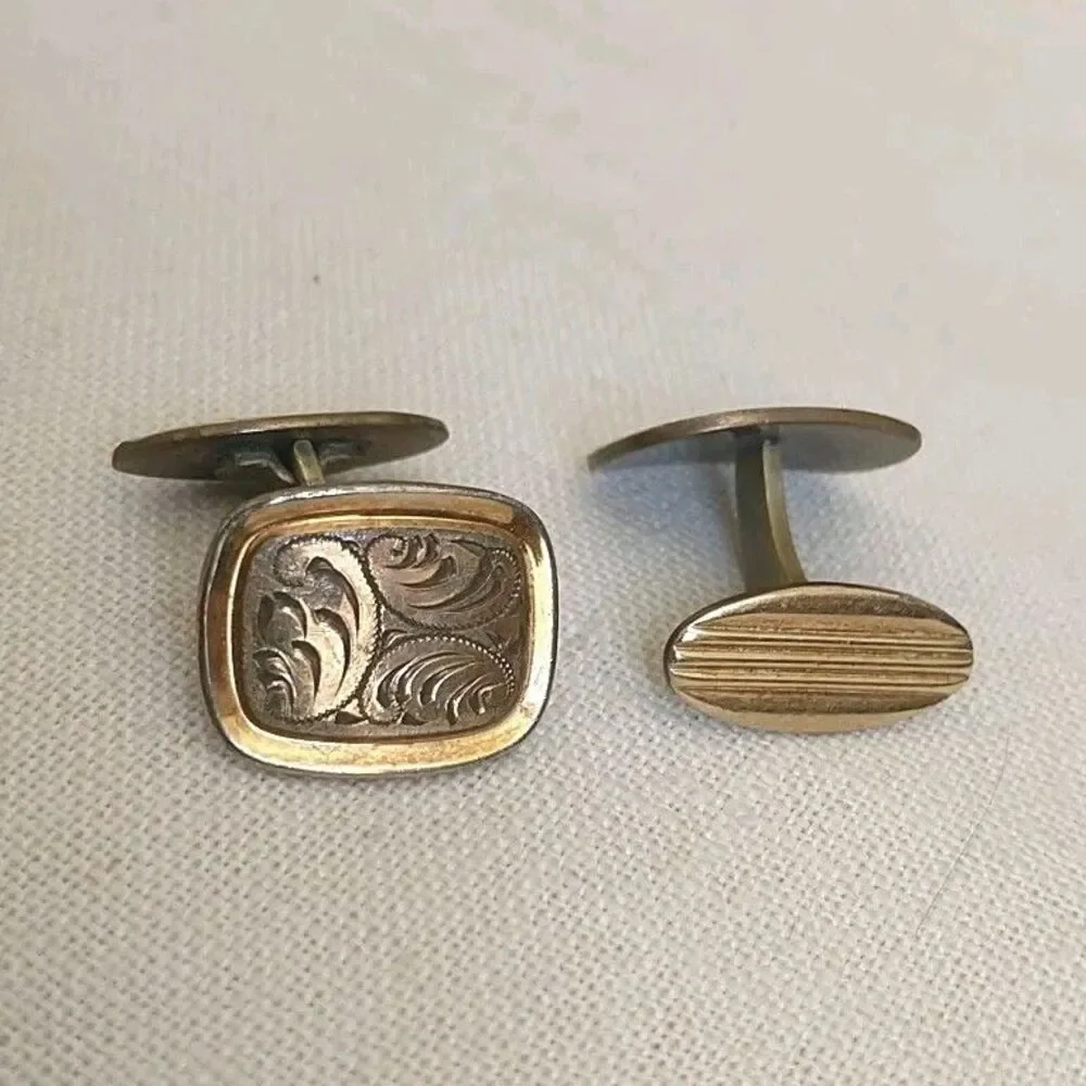 Vtg Cufflinks Gold Tone Metal Rectangle Curved Paisley Signed Amerikaner K.K